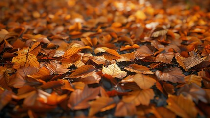 A close-up of fallen leaves in the autumn. The leaves are in various shades of brown, orange, and yellow.