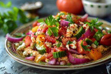 Greek dakos salad on a hummus base Healthy vegan summer dish