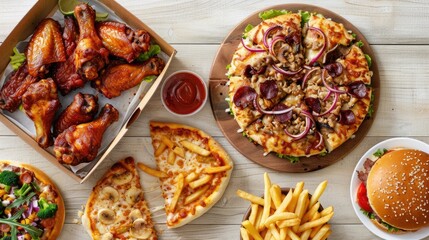 Fototapeta na wymiar takeout favorites like pizza, chicken wings, and burgers laid out on a dark wooden table in an overhead shot, showcasing the tempting spread from a top-down flat lay perspective.