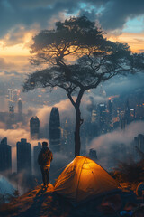 camping in the night over the city
