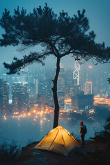 camping in the night over the city