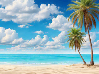 Fototapeta na wymiar Palm trees on a sandy beach with blue ocean and cloudy blue skies design. Idyllic panoramic view for spring break design and summer vacation background design.