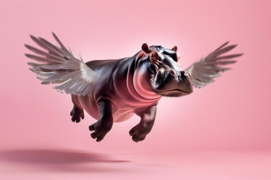 A whimsical image of a winged hippopotamus in mid-flight against a pink background, blending fantasy and reality.
