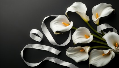 Funeral symbol featuring calla lilies and white ribbon on black background close up with text space