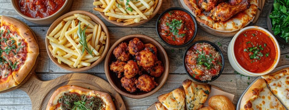 Takeout Favorites Like Pizza, Chicken Wings, And Burgers Laid Out On A Dark Wooden Table In An Overhead Shot, Showcasing The Tempting Spread From A Top-down Flat Lay Perspective.