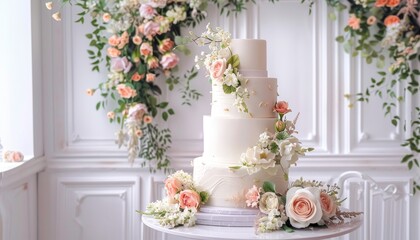 Obraz na płótnie Canvas Gorgeous floral wedding cake on a white table