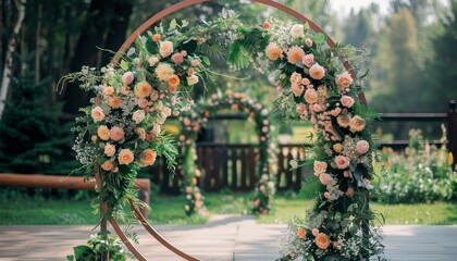 Gorgeous outdoor wedding arch adorned with flowers and greenery suitable for a ceremony