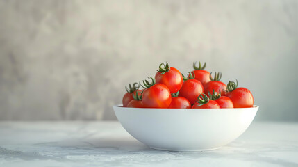 A bowl of fresh, ripe tomatoes. The tomatoes are red, juicy, and plump. They are sitting in a white bowl on a white table. - Powered by Adobe
