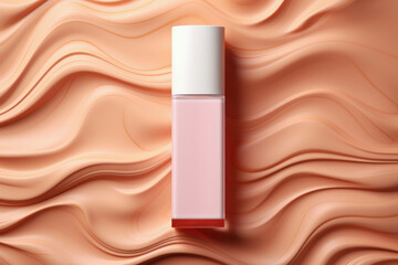 pink lip balm in bottle on a background of waves..pink bottle with cosmetic product is placed on a liquid foundation background.