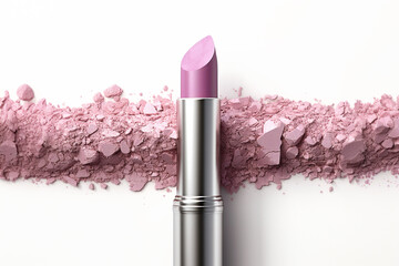 pink lipstick rests on white background.