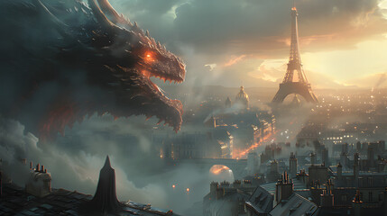 Paris, France personified as a mighty dragon, blending the iconic landmarks and features of the city - obrazy, fototapety, plakaty