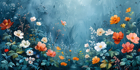 Fototapeta na wymiar Vintage Watercolor Garden Invitation - Blooming Flowers & Tranquil Pond