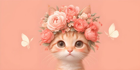 Cute red cat kitten wreath her head flowers pink background. Spring greeting card. Banner cat nursery