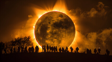 shadow of group of people watching a solar eclipse on a hill
