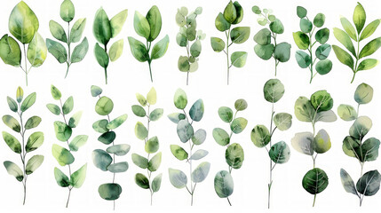 Set di illustrazioni floreali ad acquerello - collezione di rami di foglie verdi, per la cancelleria del matrimonio, gli auguri, gli sfondi, la moda, lo sfondo. Eucalipto, ulivo, foglie verdi, ecc - obrazy, fototapety, plakaty