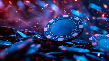 Fototapeta na wymiar Casino chip surrounded by neon blue showcasing the blend of luck and strategy in the digital era of technology