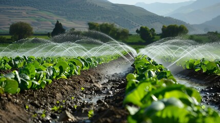The irrigation system is actively watering agricultural plants, ensuring their proper hydration and growth. - obrazy, fototapety, plakaty