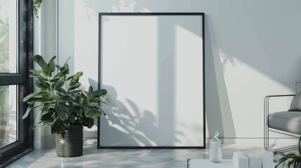 Mockup frame, single vertical ISO A paper size, reflective glass, mockup poster on the wall. Interior mockup. 3D rendering