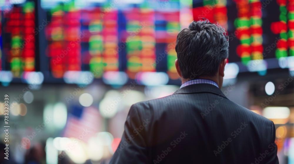 Poster man standing in front of stock price display
