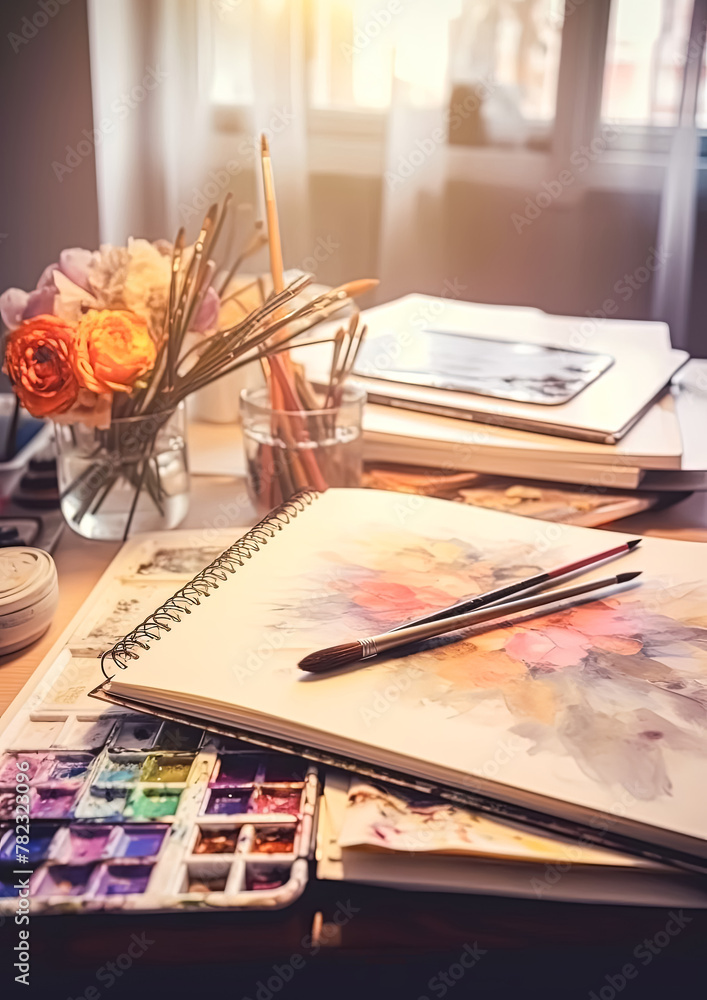 Poster a sketchbook with a pencil and a cup of coffee on a table. the sketchbook is open to a page with a d