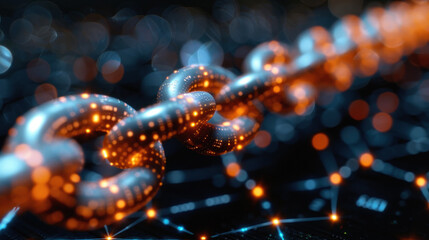 Blockchain technology visualized as a glowing chain link symbolizing security and innovation in the digital cryptocurrency world.