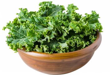 Fototapeta premium Green curly kale leaves in a white bowl macro shot