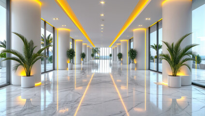 Modern and luxurious lobby with elegant marble flooring and bright lighting. Symmetrical design is accentuated by potted plants and the architecture a blend of contemporary and elegance.