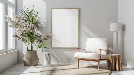Mockup frame, single vertical ISO A paper size, reflective glass, mockup poster on the wall. Interior mockup. 3D rendering