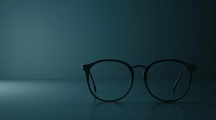 Black eyeglasses on a dark blue background. The glasses are in focus and there is a reflection of the glasses on the surface below.