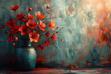 Abstract painting, metal element, texture background, flowers, plants, flowers in a vase. - Powered by Adobe