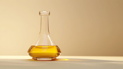Elegant and simple 3D render of a clear glass decanter with a narrow neck and a round bottom half-filled with a golden liquid on a beige background wi
