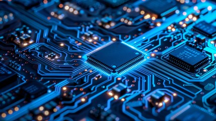 Fototapeta premium Digital chip conflict under neon blue lights showcasing the rivalry and advancements in computing technology