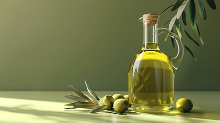 Fresh green olives and a bottle of olive oil on a green background. The oil is in a clear glass bottle with a cork stopper.