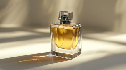 A simple and elegant amber glass perfume bottle sits on a white surface.