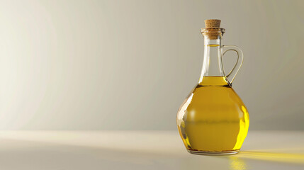 A beautiful shot of a glass bottle of olive oil sitting on a white table. The bottle is half-full of a rich, golden-colored oil.