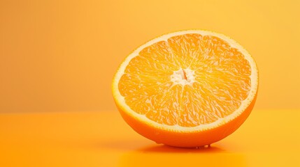 A juicy orange cut in half, isolated on a solid orange background. The orange is ripe and has a sweet, tangy flavor.