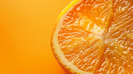 Close-up of a juicy orange slice against a solid orange background.