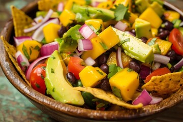 Fototapeta na wymiar Healthy avocado and mango salad with black bean tomato red onion and tortilla chips