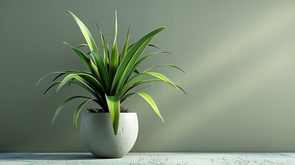 A beautiful shot of a potted plant sitting on a table. The plant has long, green leaves and is sitting in a white pot.