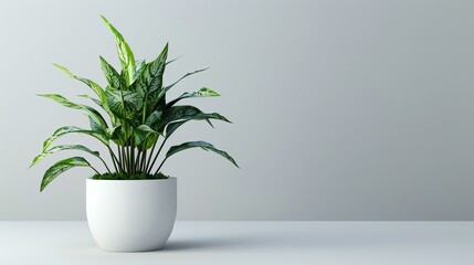 A beautiful Aglaonema plant in a white pot on a white table.