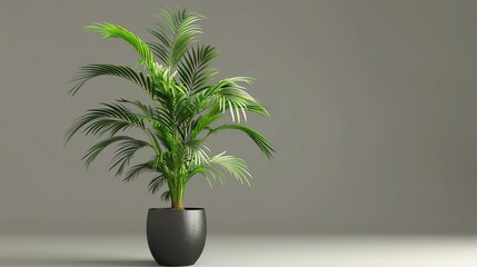A beautiful lush green palm tree in a black pot on a white background. The palm tree is healthy and has a lot of long, green leaves.