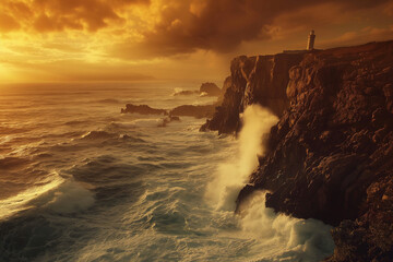 Majestic waves crash against a rugged cliff with a lighthouse overlooking the turbulent seas as the sun sets, casting a golden glow