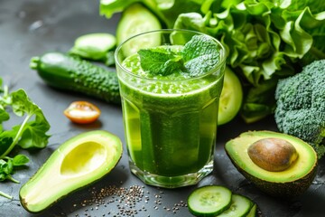 Healthy lifestyle with green smoothie and organic vegetables on modern table