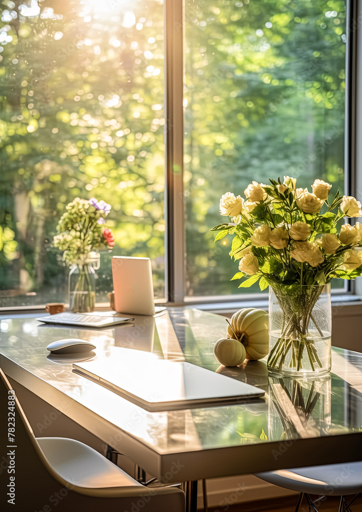 Poster a table with a laptop, a vase of flowers, and a pumpkin on it. the table is in a room with a window 