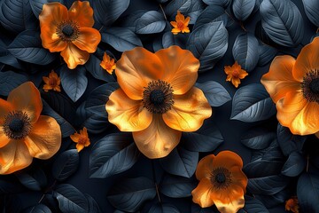 Beautiful golden flowers with black leaves isolated on a dark black background