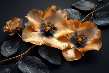 Beautiful golden flowers with black leaves isolated on a dark black background