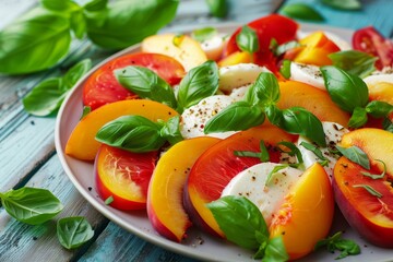 Healthy salad with peach basil and mozzarella on a plate