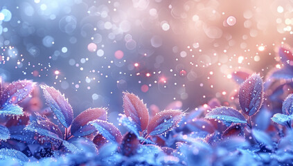 Close up of dew covered leaves in shades of blue and purple, sparkling in the light against a beautiful bokeh background. Exudes a tranquil and magical mood. - obrazy, fototapety, plakaty