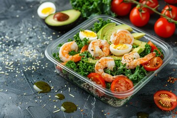 Healthy shrimp caesar salad in plastic packaging for takeout Top view with Mediterranean ingredients