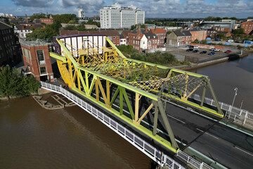 aerial view of Drypool Bridge, structural damage has closed the bridge over the river Hull Kingston...